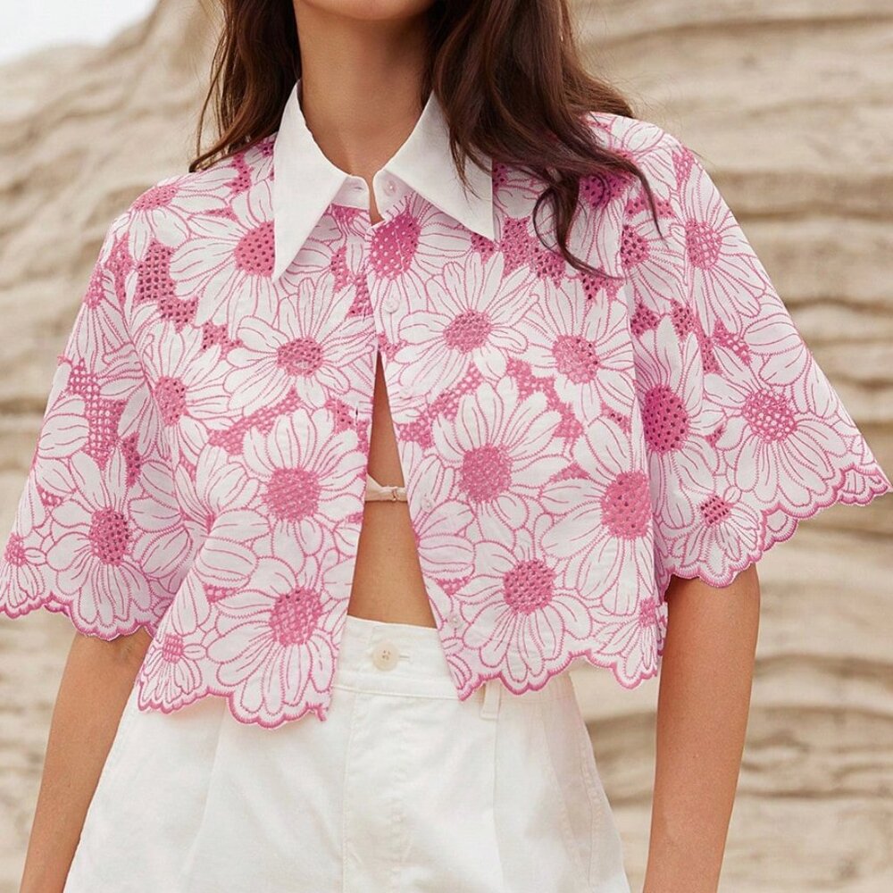 Pink Casual Women's Elegant Hollow-Out Embroidered Daisy Shirt Floral Print - Picture 5 of 6